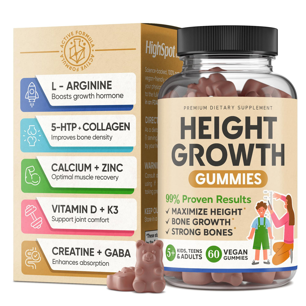 Height Growth Gummies bottle with label showing Calcium 100mg and K2 D3 25mcg
