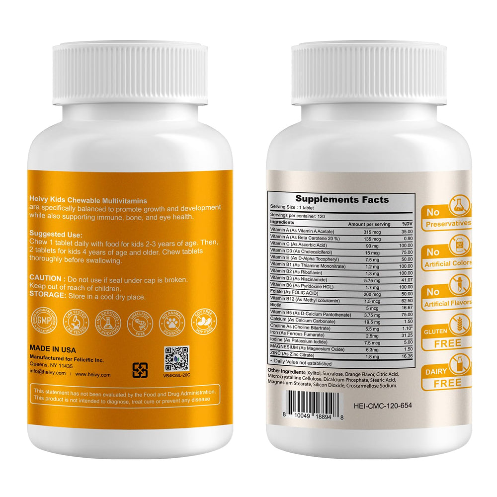 Boxed Heivy multivitamin chewables displayed beside bottle