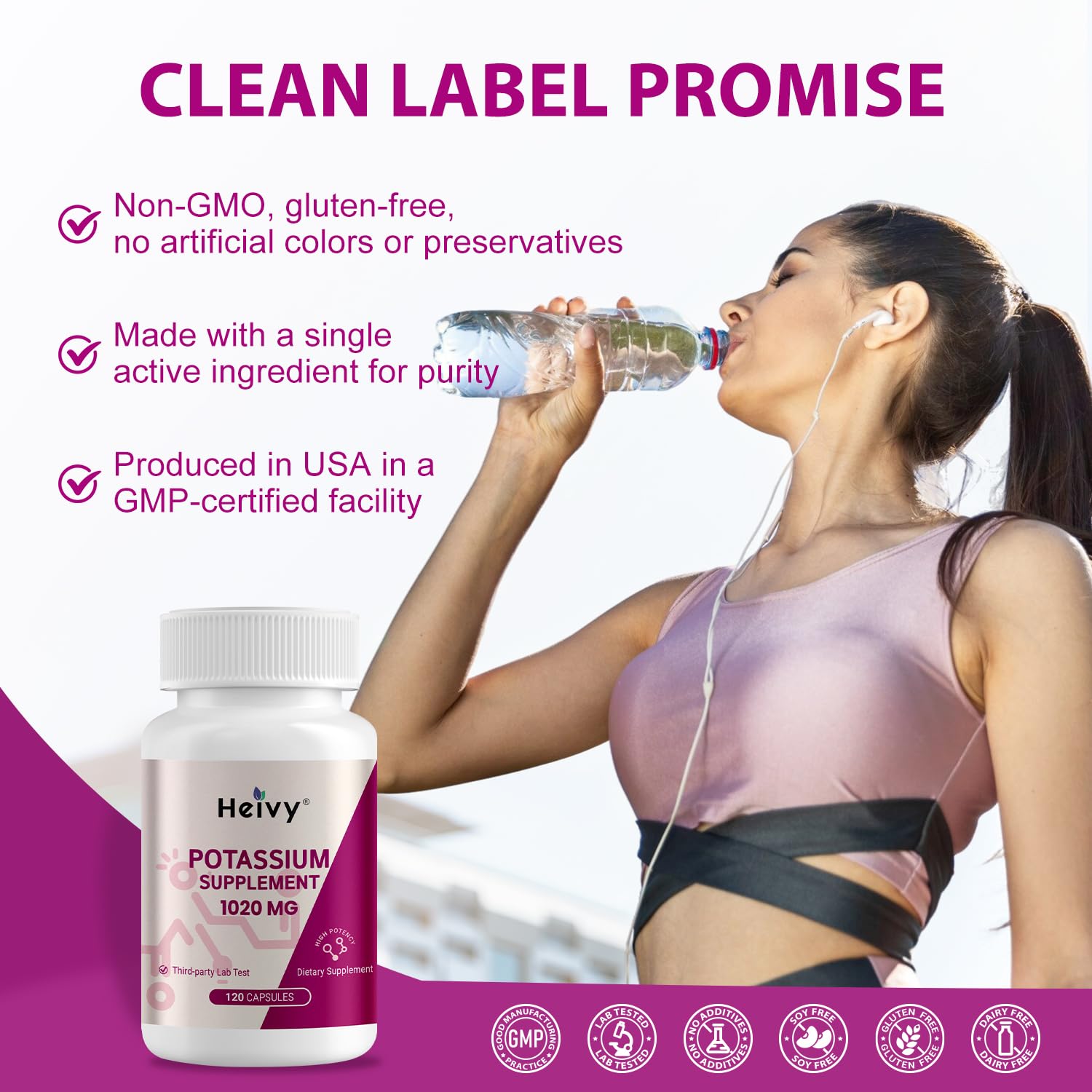 Close-up of the Heivy potassium bottle label showing 1020 mg per serving