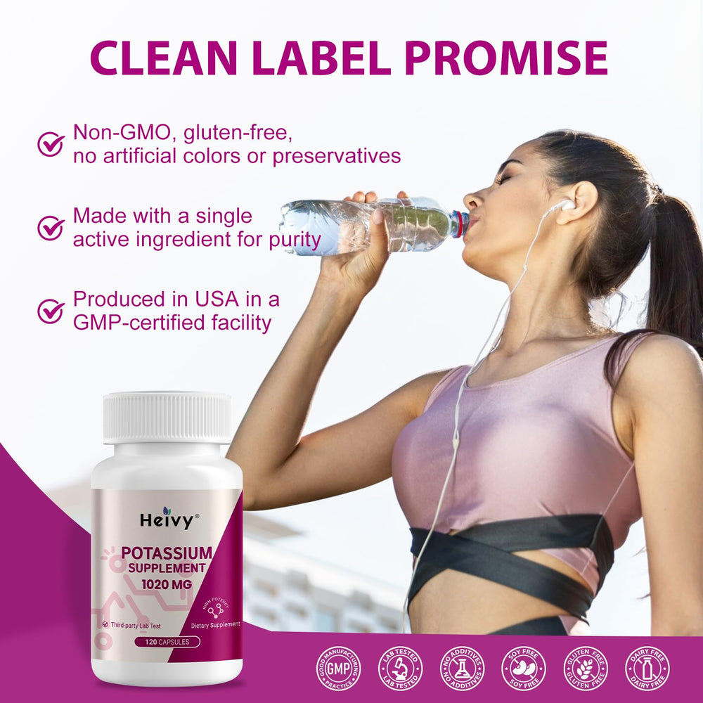 Close-up of the Heivy potassium bottle label showing 1020 mg per serving
