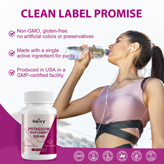 Close-up of the Heivy potassium bottle label showing 1020 mg per serving