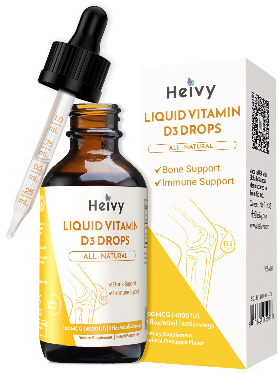 Front view of Heivy Vitamin D Drops 4000 IU bottle with pineapple flavor label