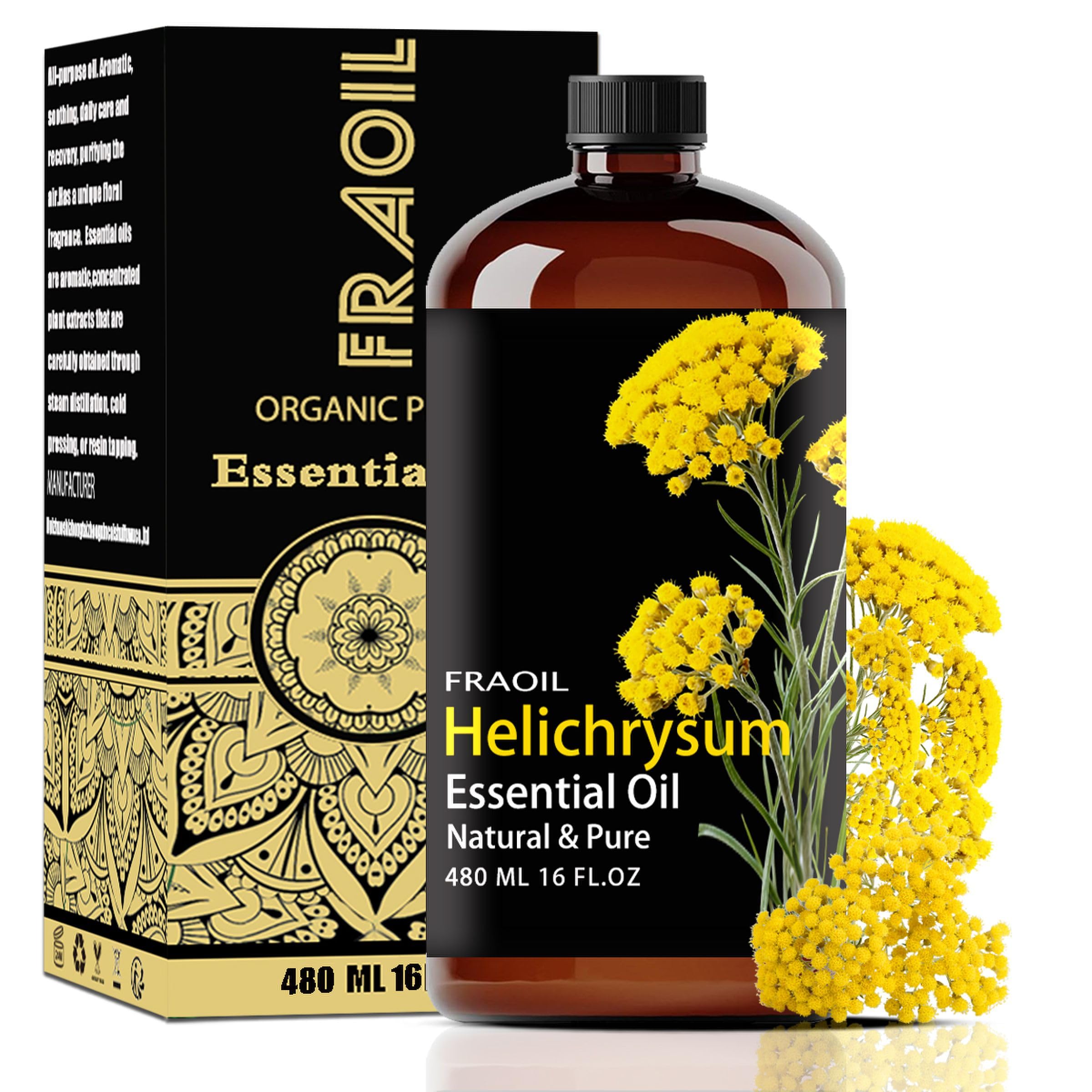 Helichrysum essential oil in a 16 oz amber bottle
