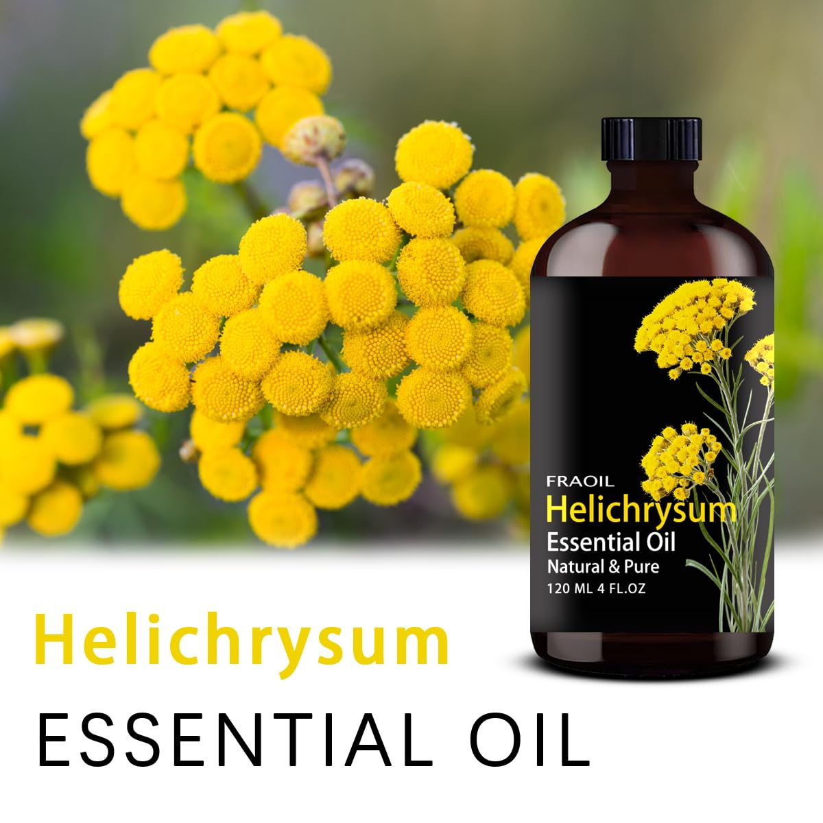 Amber bottle of Helichrysum essential oil with glass dropper