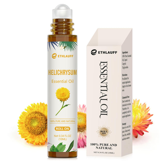 Helichrysum essential oil roll-on bottle on white background