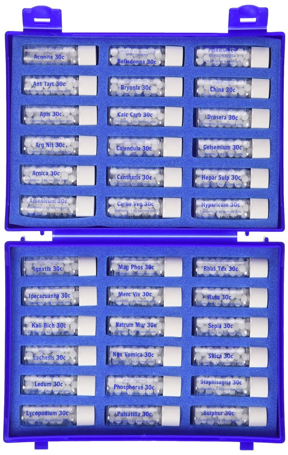 Inside view with all 36 remedies in compact palm-sized case