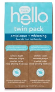 Twin pack of Hello Antiplaque and Whitening Fluoride-Free Toothpaste with natural peppermint flavor