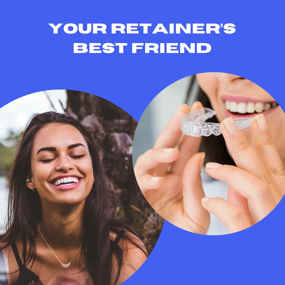 Internal cleaning chamber with dentures, retainers, and aligners inside