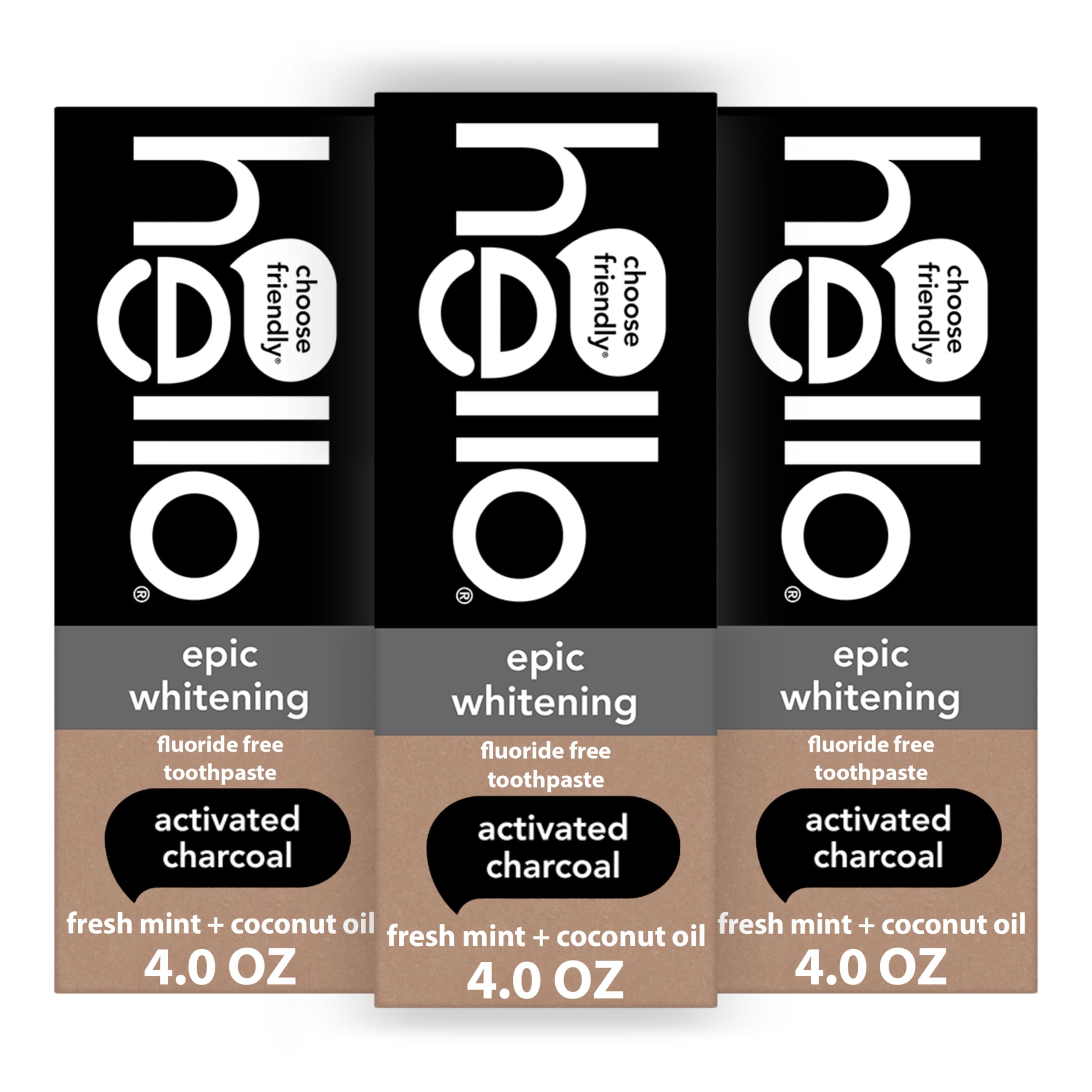 Hello Epic Whitening Charcoal Toothpaste 3-pack packaging with 4 oz tubes