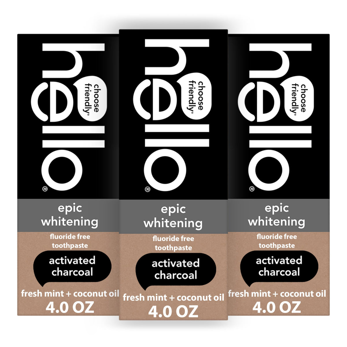 Hello Epic Whitening Charcoal Toothpaste 3-pack packaging with 4 oz tubes