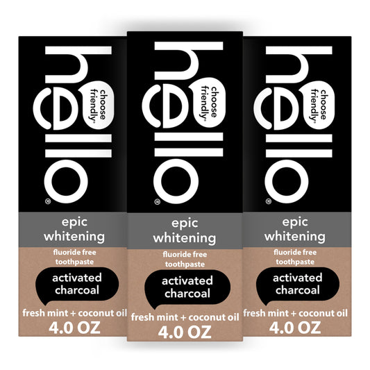 Hello Epic Whitening Charcoal Toothpaste 3-pack packaging with 4 oz tubes