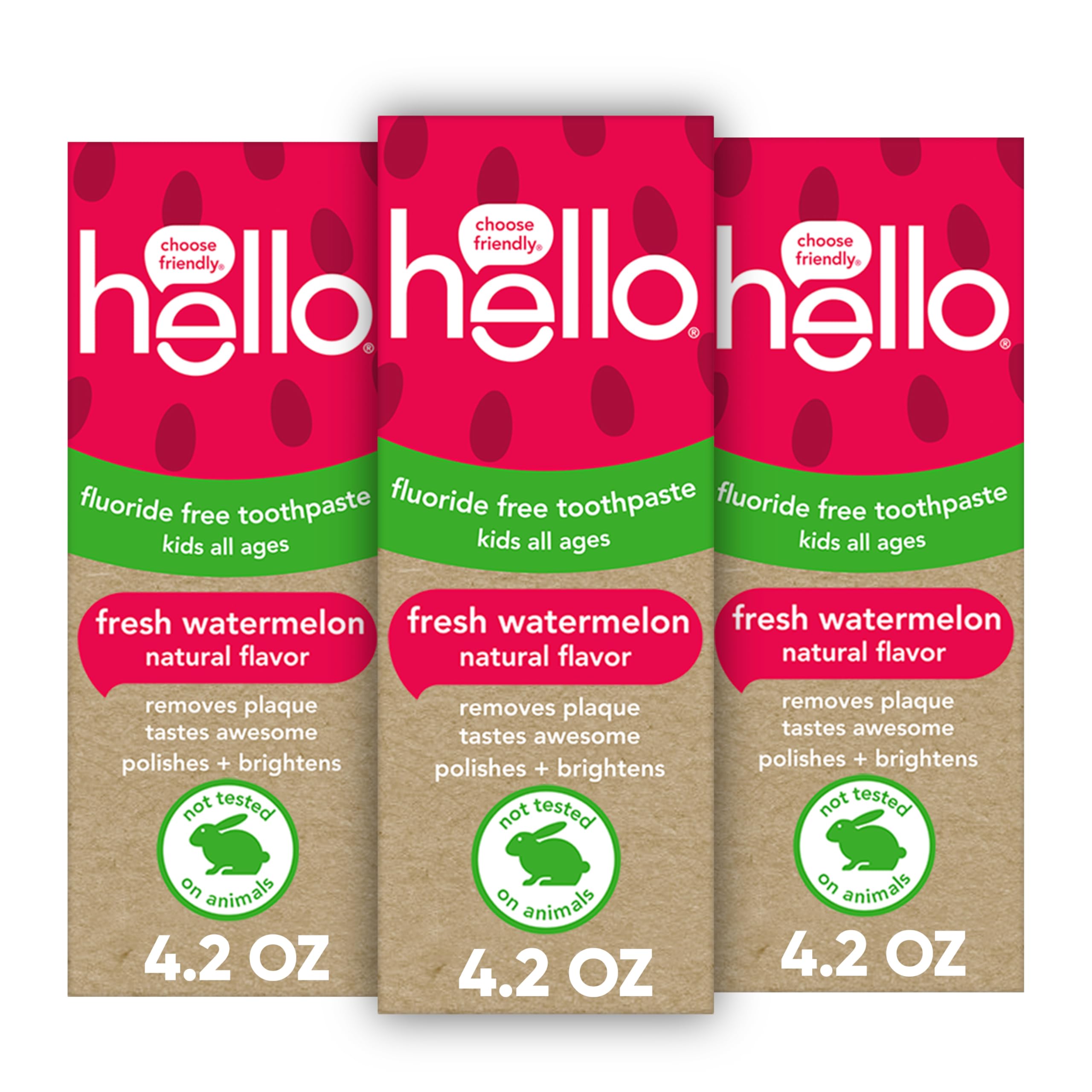 Three 4.2 oz tubes of Hello Fresh Watermelon Fluoride Free Kids Toothpaste in a 3-pack