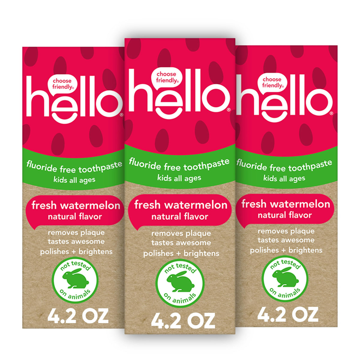 Three 4.2 oz tubes of Hello Fresh Watermelon Fluoride Free Kids Toothpaste in a 3-pack