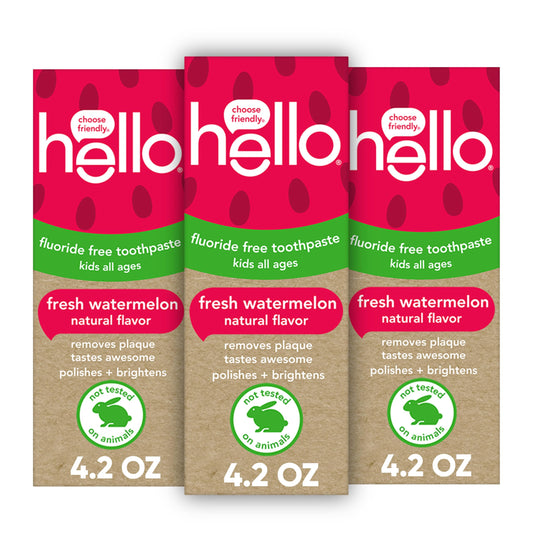 Three 4.2 oz tubes of Hello Fresh Watermelon Fluoride Free Kids Toothpaste in a 3-pack