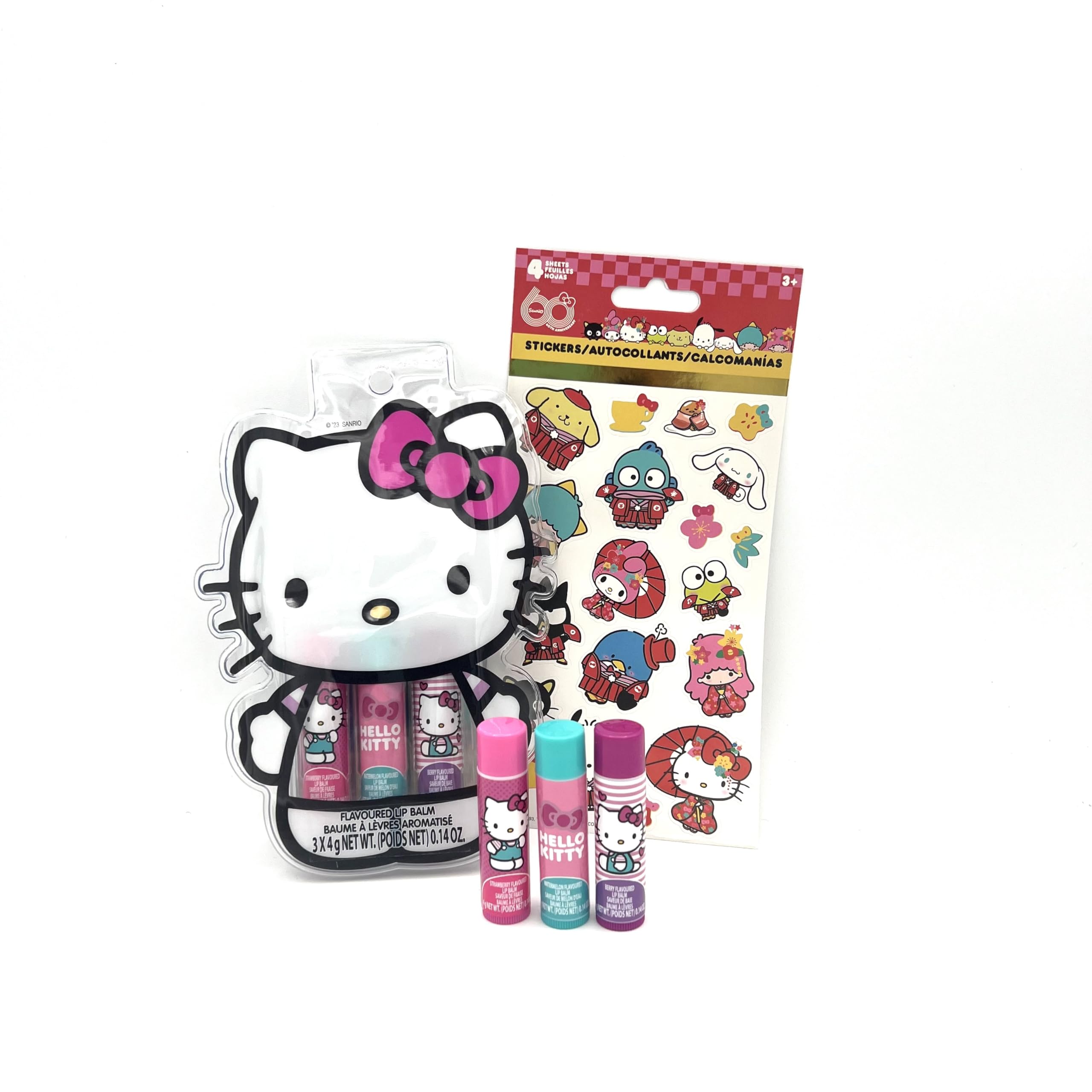 Hello Kitty moisturizing lip balm 3-pack in a compact travel-friendly bundle for kids on the go.
