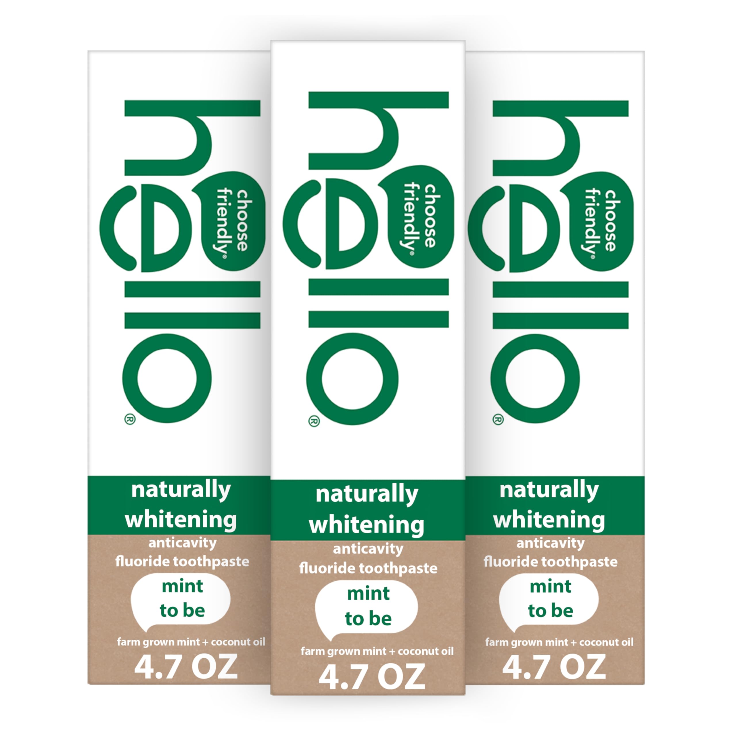 Three 4.7 oz tubes of hello Naturally Whitening Fluoride Toothpaste Mint package