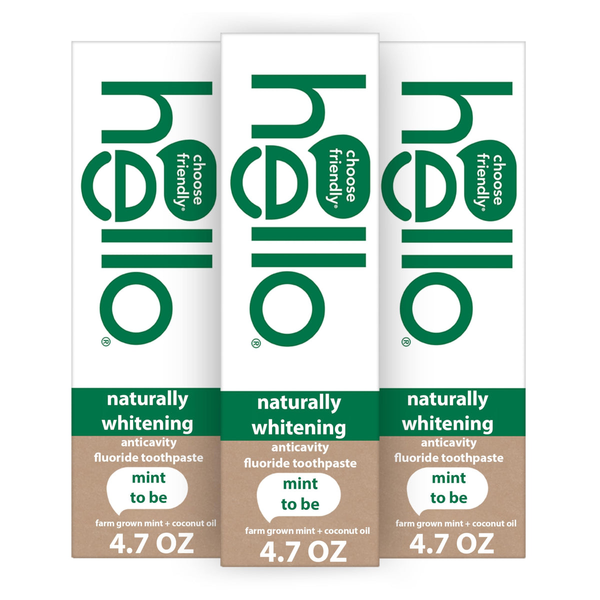 Three 4.7 oz tubes of hello Naturally Whitening Fluoride Toothpaste Mint package