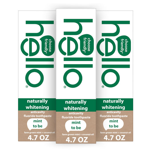 Three 4.7 oz tubes of hello Naturally Whitening Fluoride Toothpaste Mint package