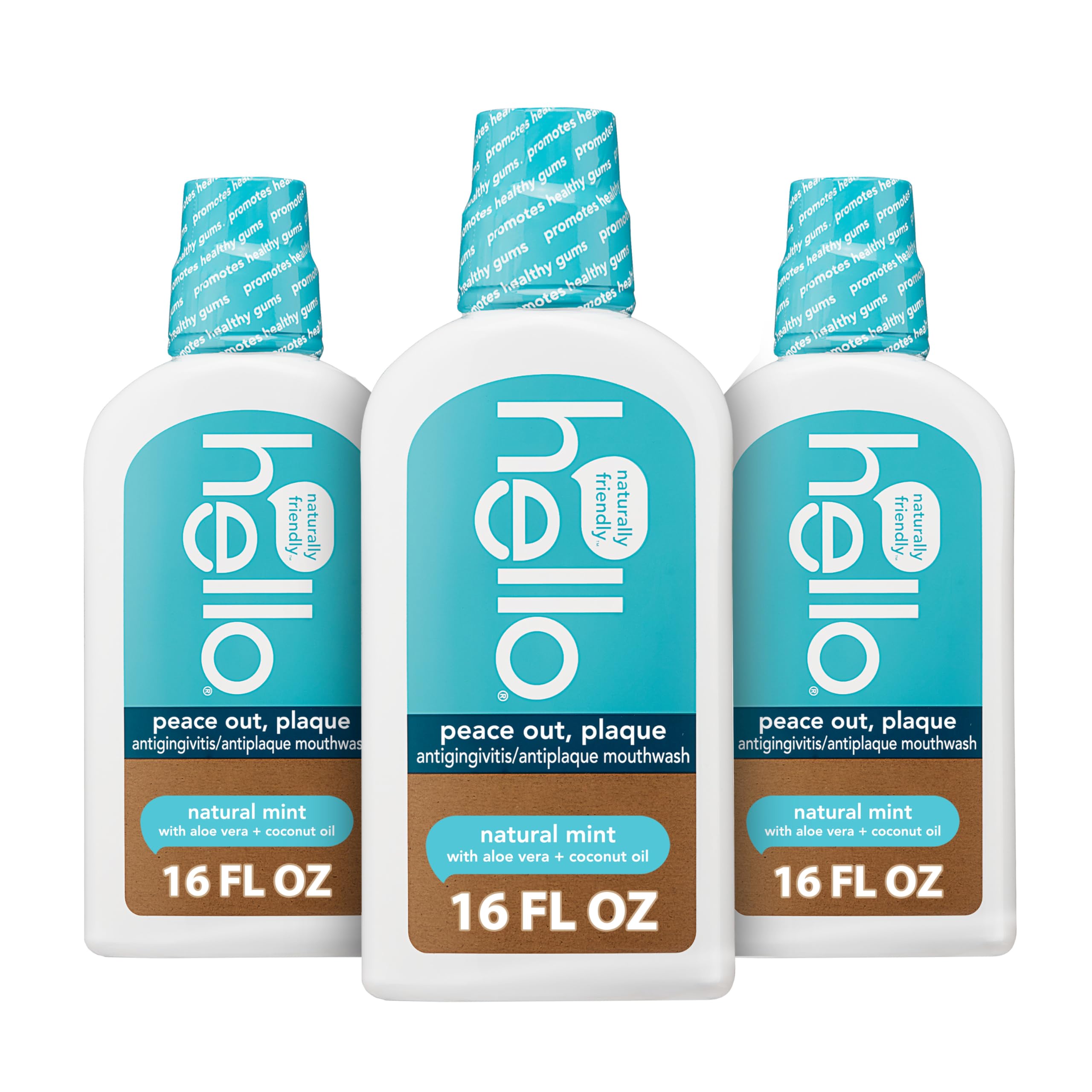 Three 16 oz bottles of Hello Peace Out Plaque Mouthwash
