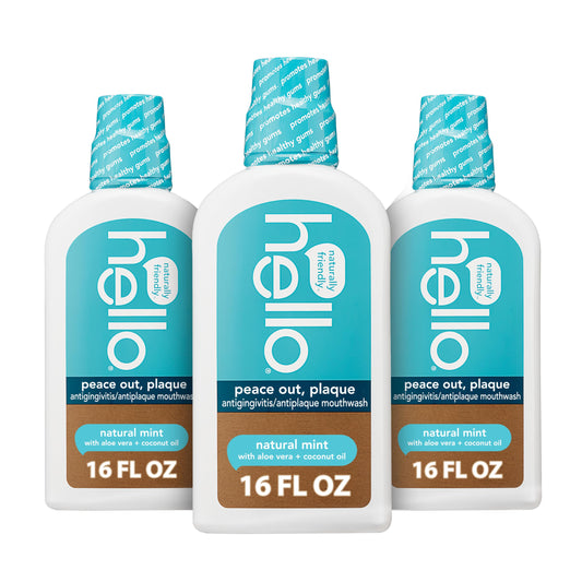 Three 16 oz bottles of Hello Peace Out Plaque Mouthwash