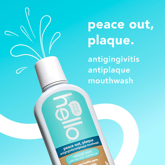 Close-up of Hello Peace Out Plaque Mouthwash bottle label
