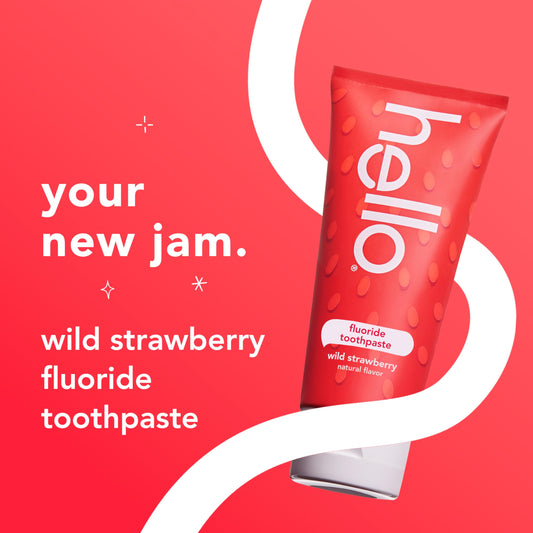 Close-up of hello Wild Strawberry Kids Toothpaste label with natural strawberry flavor