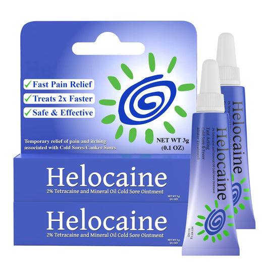 Helocaine fast-acting cold sore treatment bottle close-up for rapid pain relief