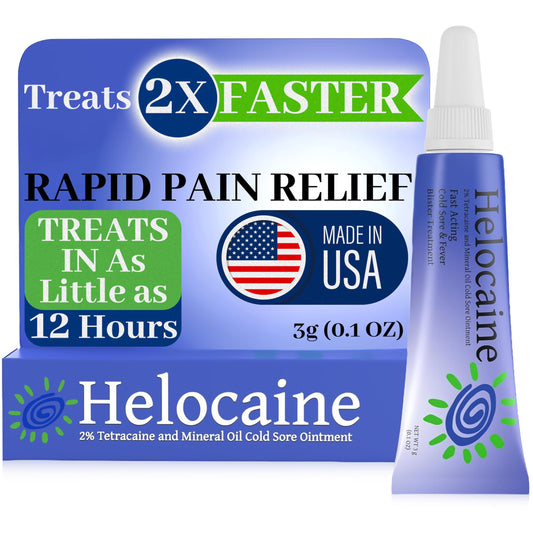 Helocaine front packaging 3g tube for portable, fast lip and mouth relief.