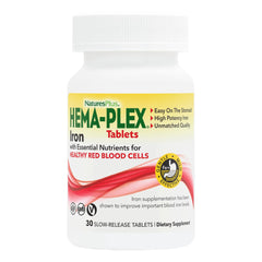 NaturesPlus Hema-Plex Iron bottle label and tablets