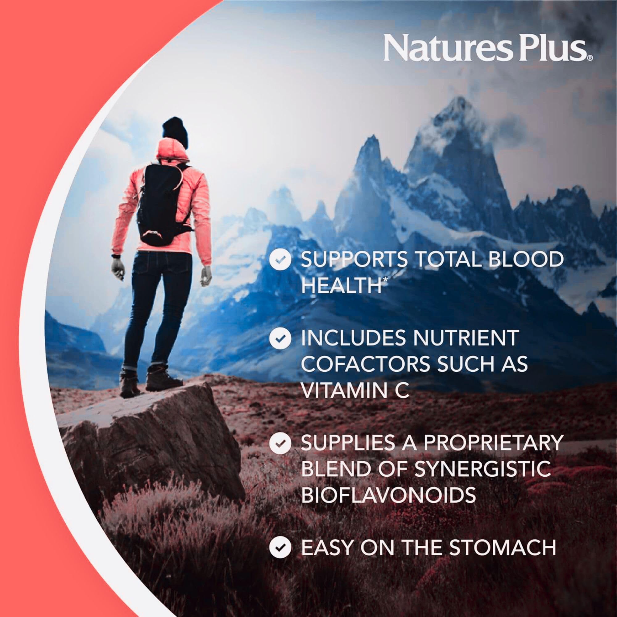 Ingredients highlight including vitamin C and bioflavonoids