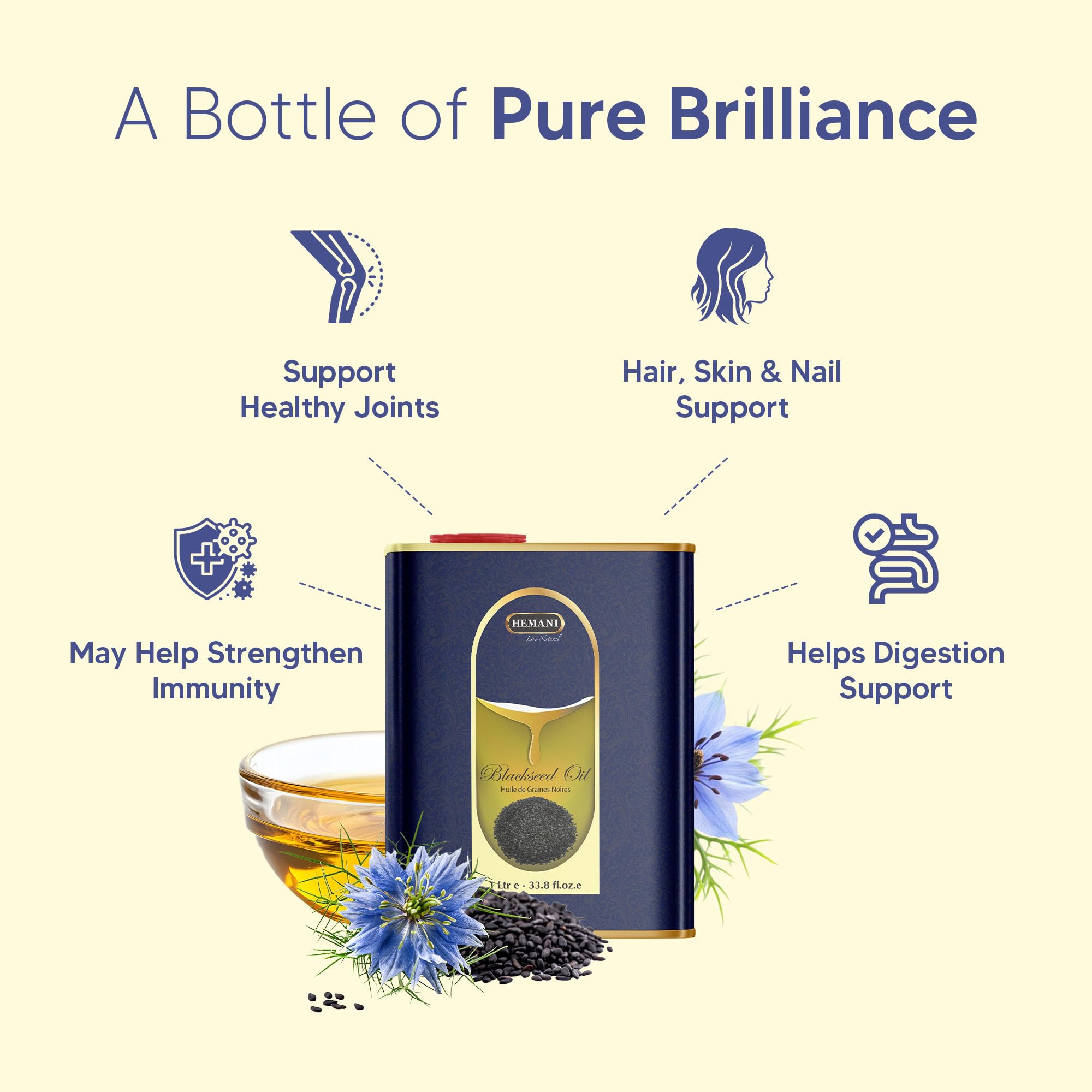 Pouring Hemani Black Seed Oil from bottle