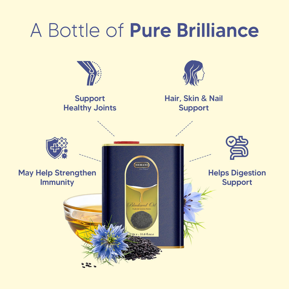 Pouring Hemani Black Seed Oil from bottle
