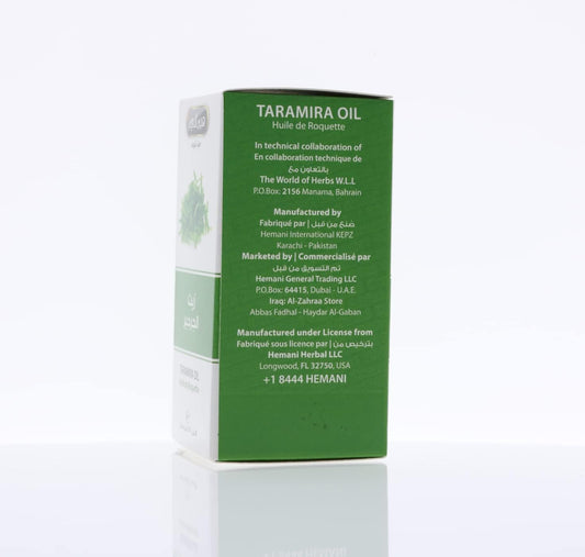 Close-up of Hemani Taramira Oil 30ml label