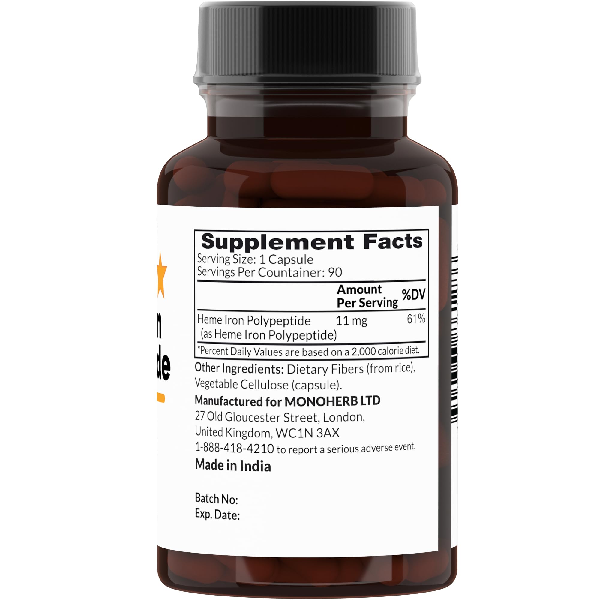 Close-up of Heme Iron Polypeptide capsules and supplement bottle