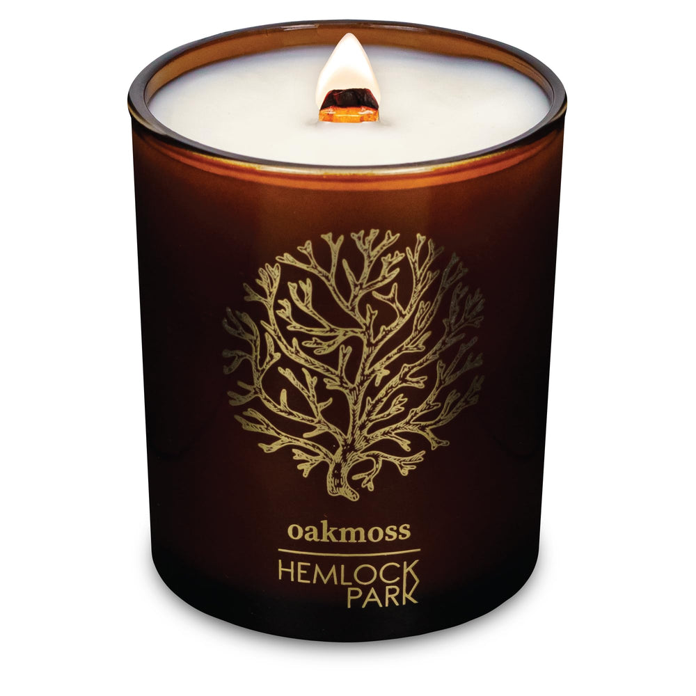 Hemlock Park Amber & Gold Wood Wick Candle 7.2 oz, Oakmoss – front view