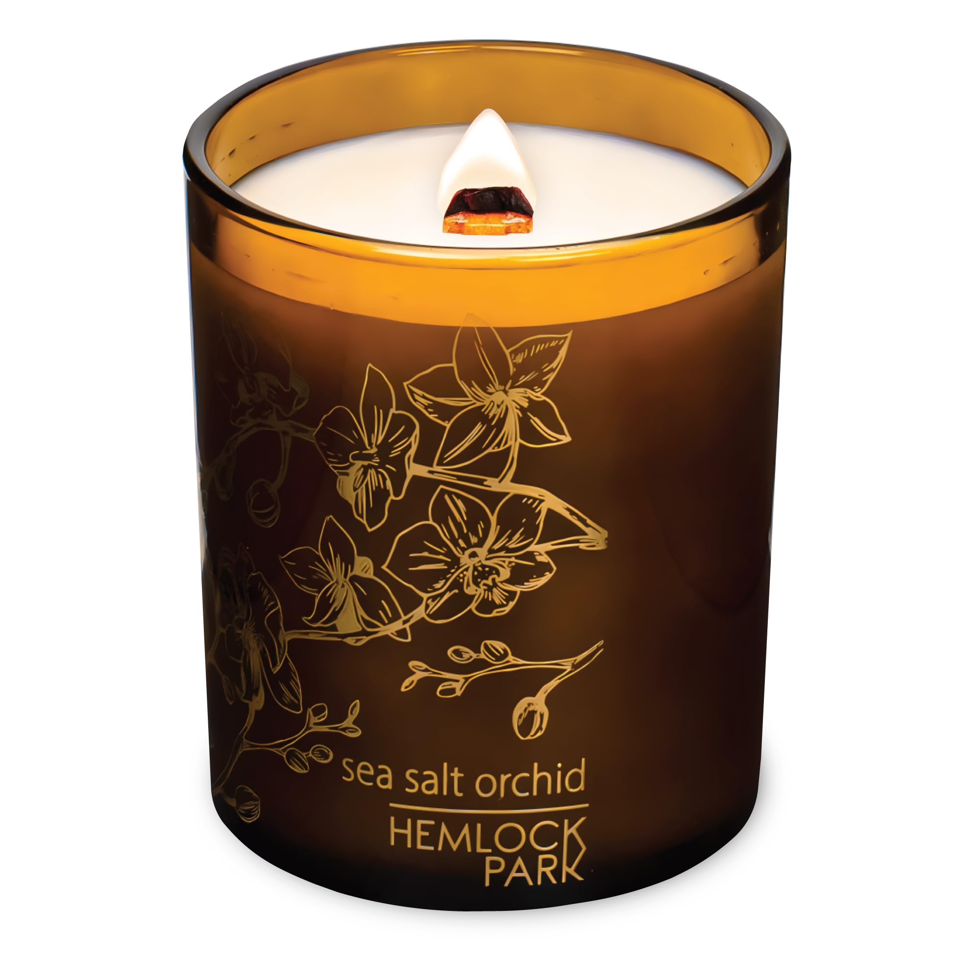 Close-up of amber glass candle showing the wood wick