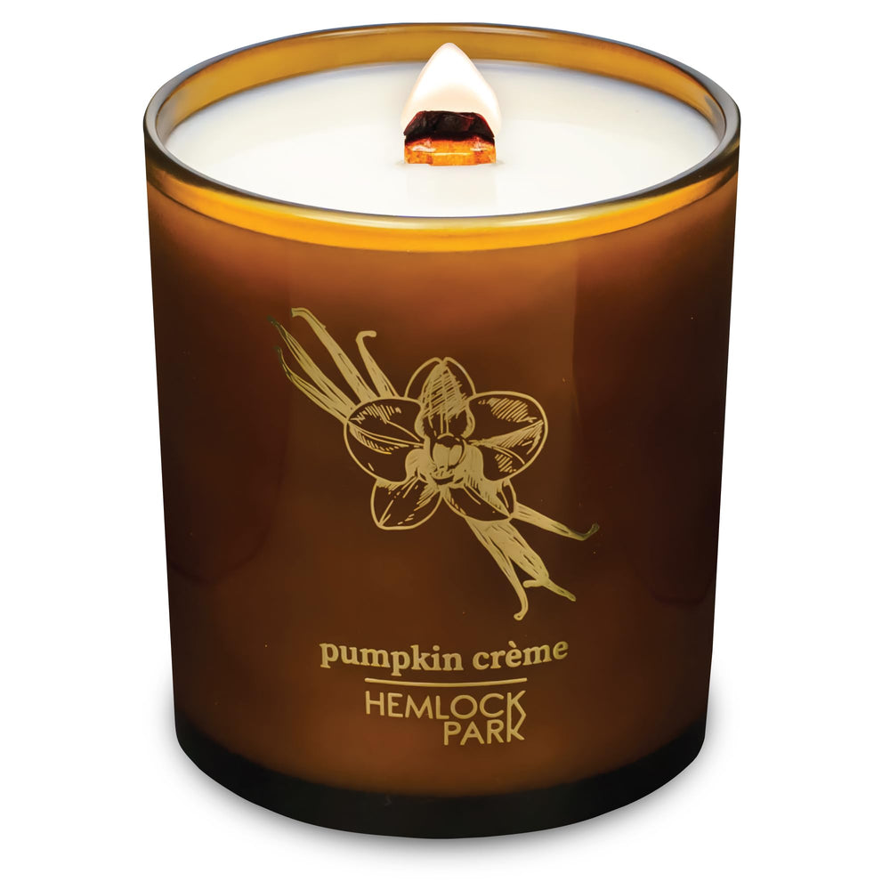 Hemlock Park Amber & Gold Wood Wick Candle in Pumpkin Crème, 14 oz, natural coconut wax, wood wick.