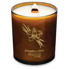 Hemlock Park Amber & Gold Wood Wick Candle in Pumpkin Crème, 14 oz, natural coconut wax, wood wick.