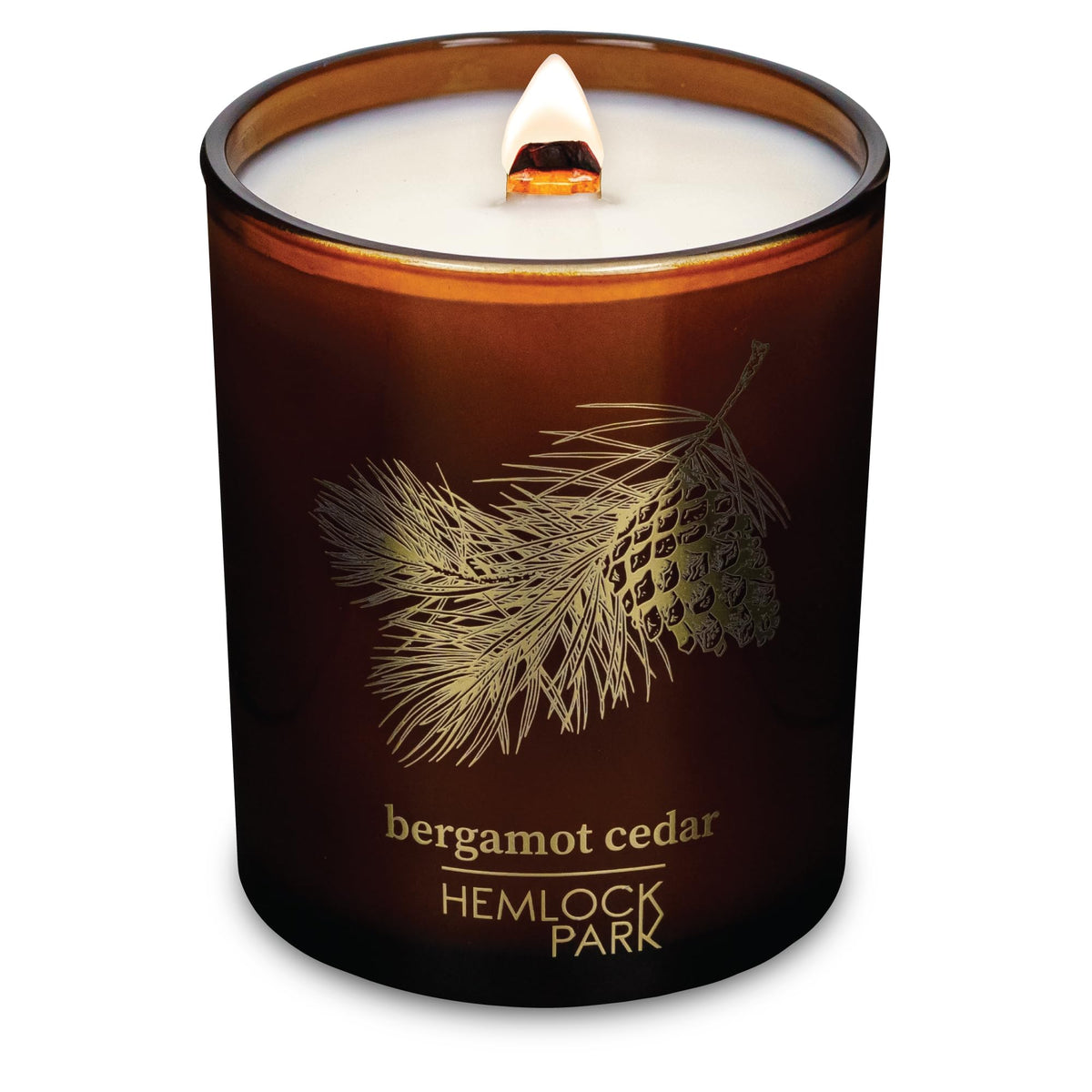 Hemlock Park Amber & Gold Wood Wick Candle label with natural coconut wax