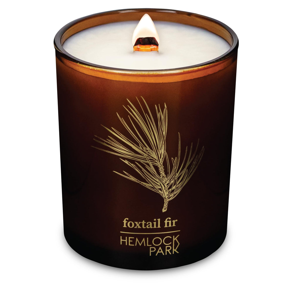 Front view of Hemlock Park Amber & Gold Wood Wick Candle in 7.2 oz tin