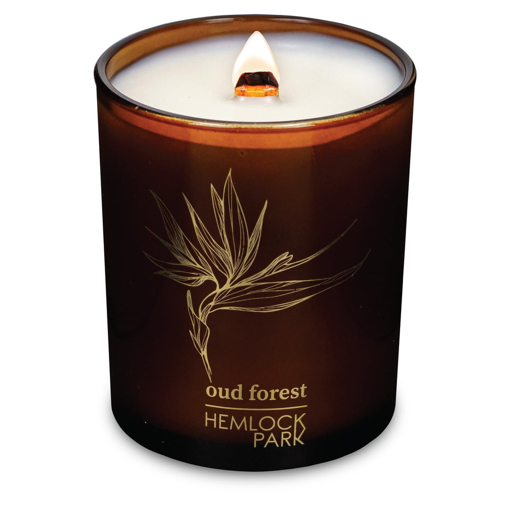 Hemlock Park Amber & Gold Wood Wick Candle in coconut wax, 7.2 oz, Oud Forest