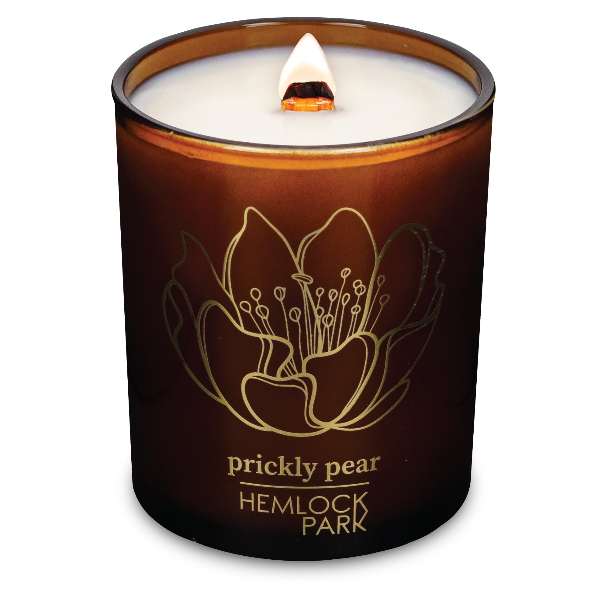 Hemlock Park Amber & Gold Wood Wick Candle front view with Prickly Pear label