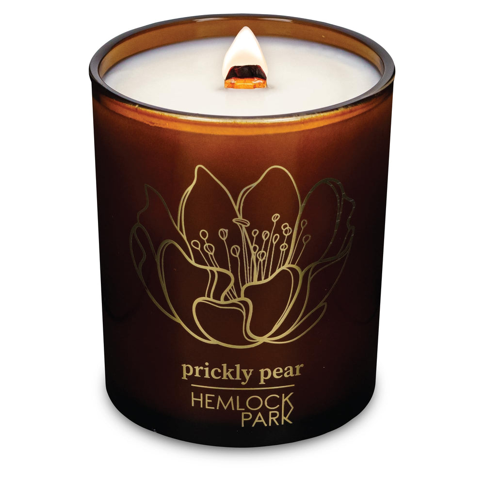 Hemlock Park Amber & Gold Wood Wick Candle front view with Prickly Pear label