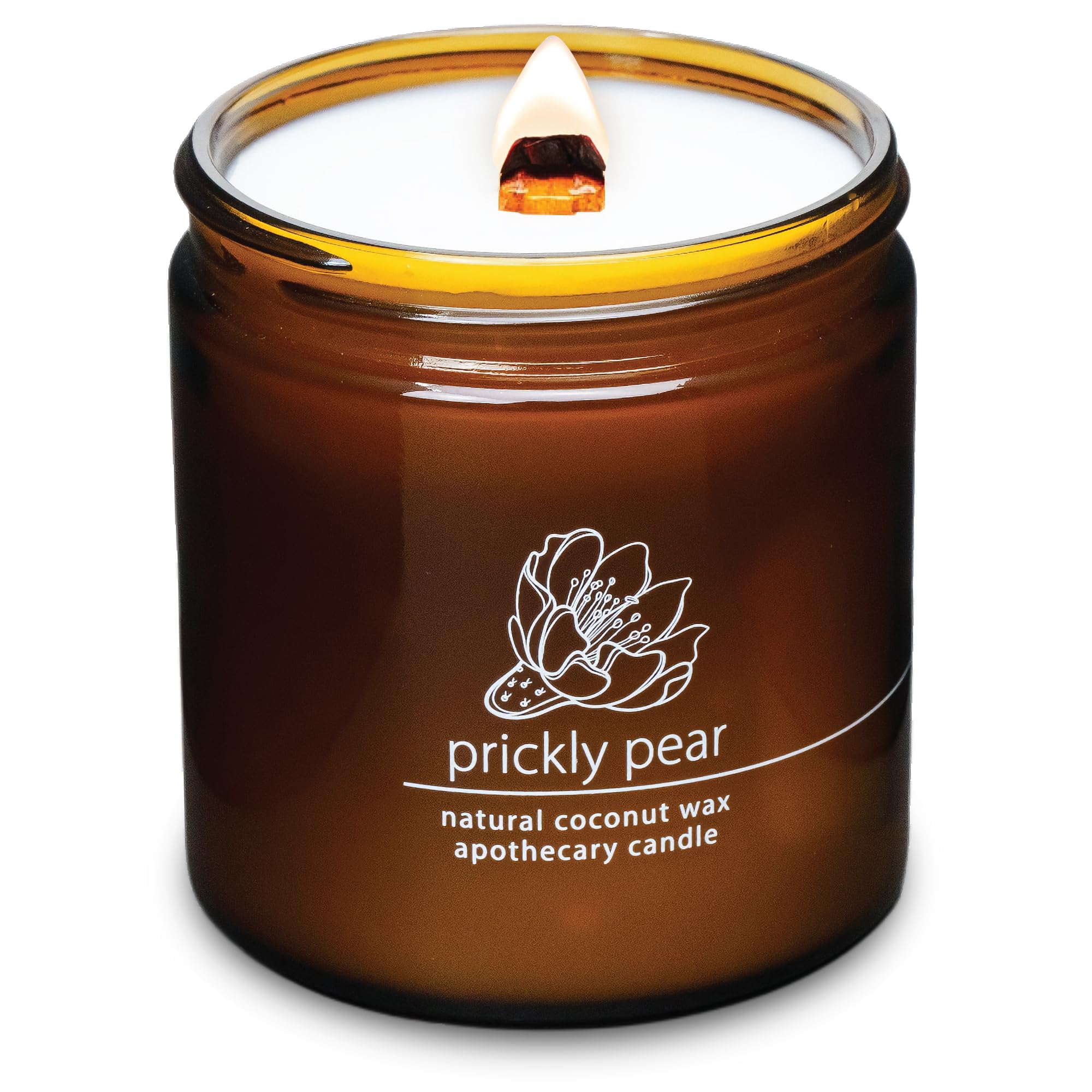 Hemlock Park 16 oz Desert Prickly Pear coconut wax candle in amber glass jar with crackling wooden wick.