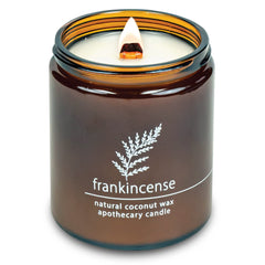 Hemlock Park candle in an amber glass jar with 8 oz size and frankincense scent.