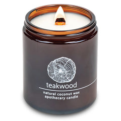 Hemlock Park Teakwood 8 oz candle in amber glass jar