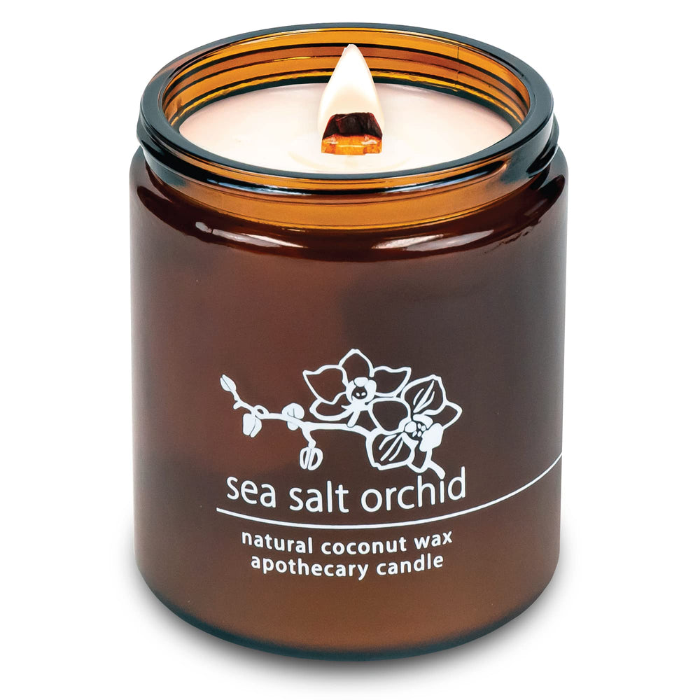 Hemlock Park crackling wood wick candle in amber glass jar, 8 oz, Sea Salt Orchid