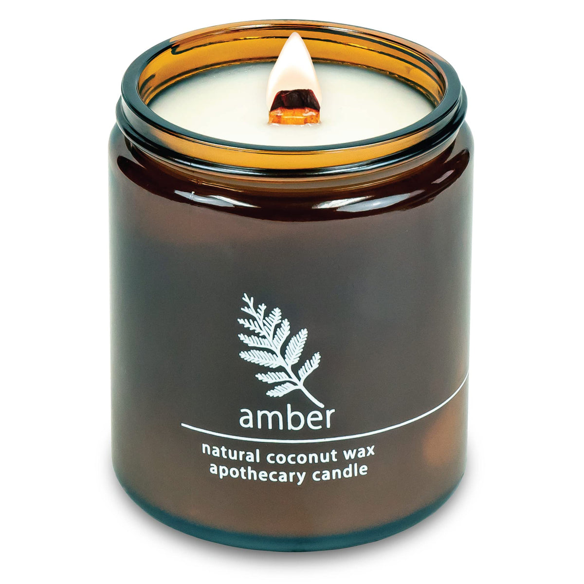 Hemlock Park crackling wood wick candle in an amber 8 oz jar