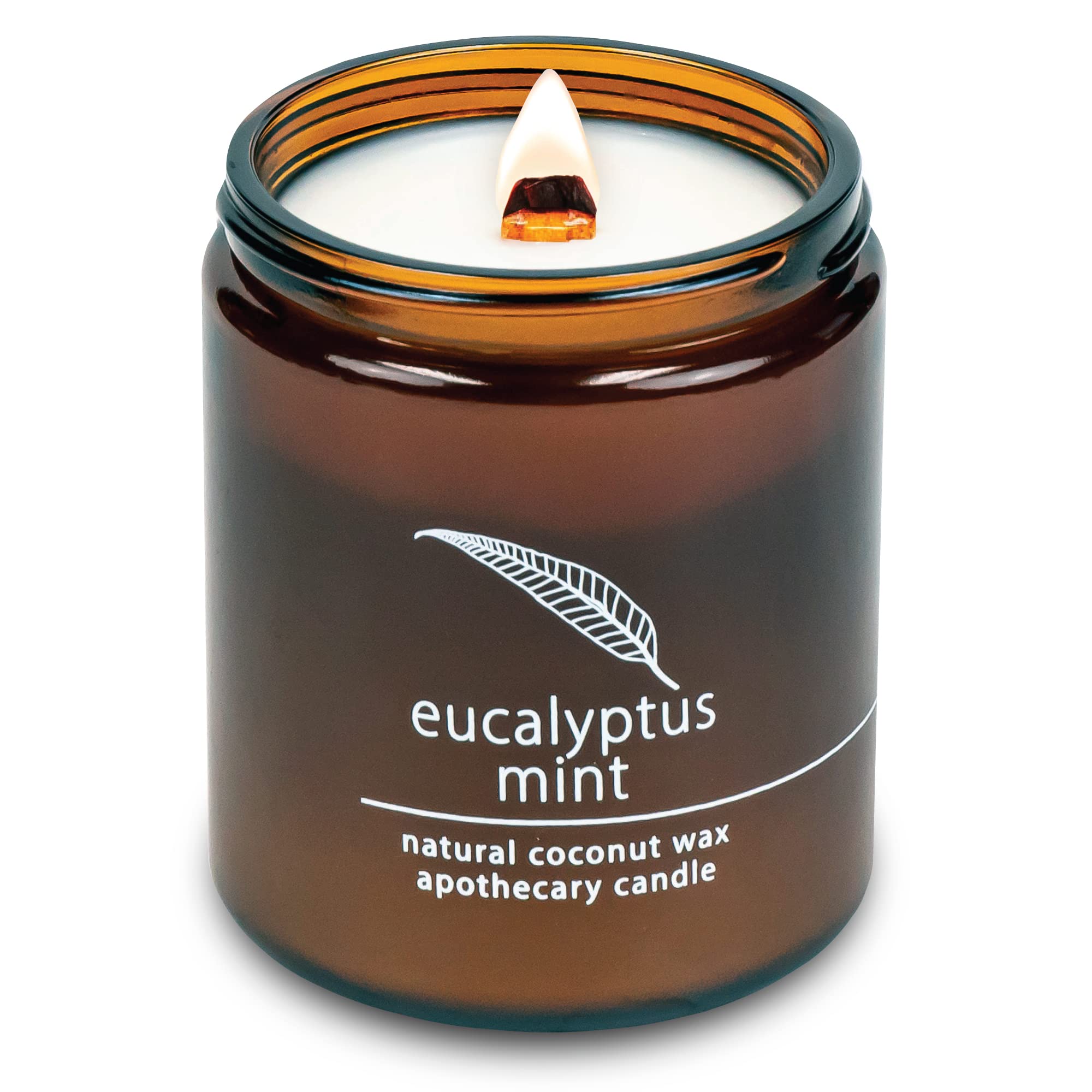 Hemlock Park 8 oz crackling wood wick candle in a clear glass jar with eucalyptus mint.
