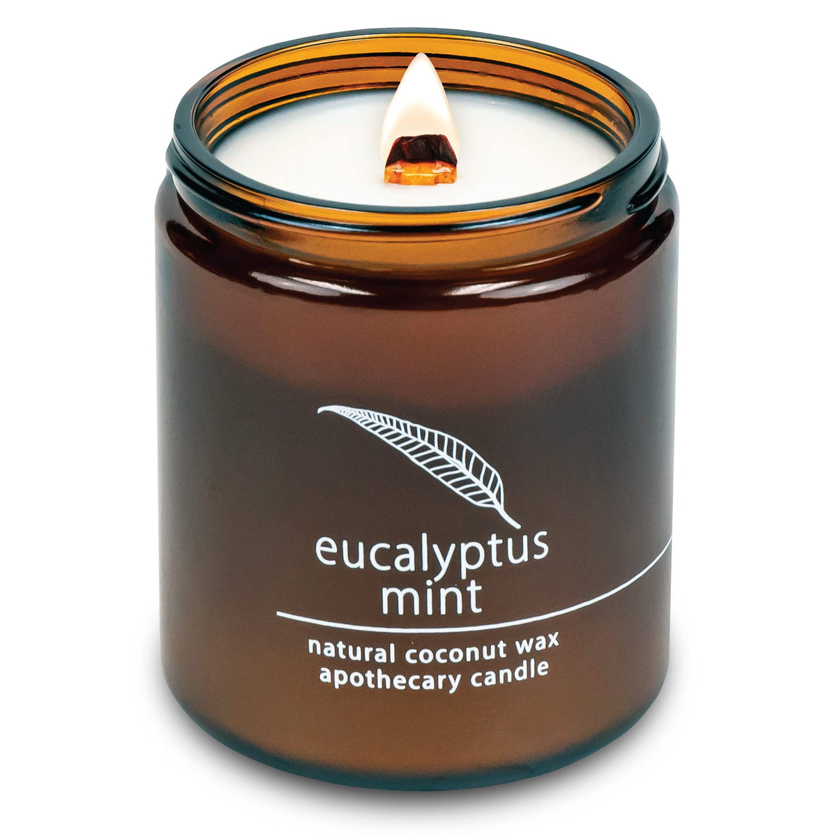 Hemlock Park 8 oz crackling wood wick candle in a clear glass jar with eucalyptus mint.